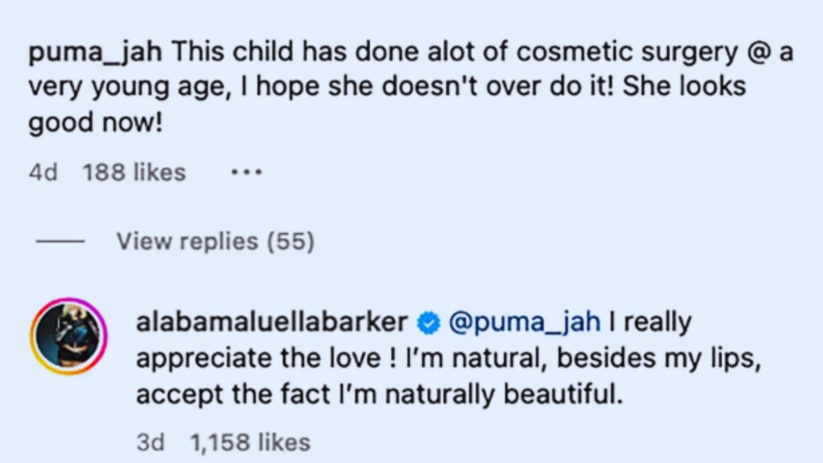 Screenshot of Alabama Barker's Comment